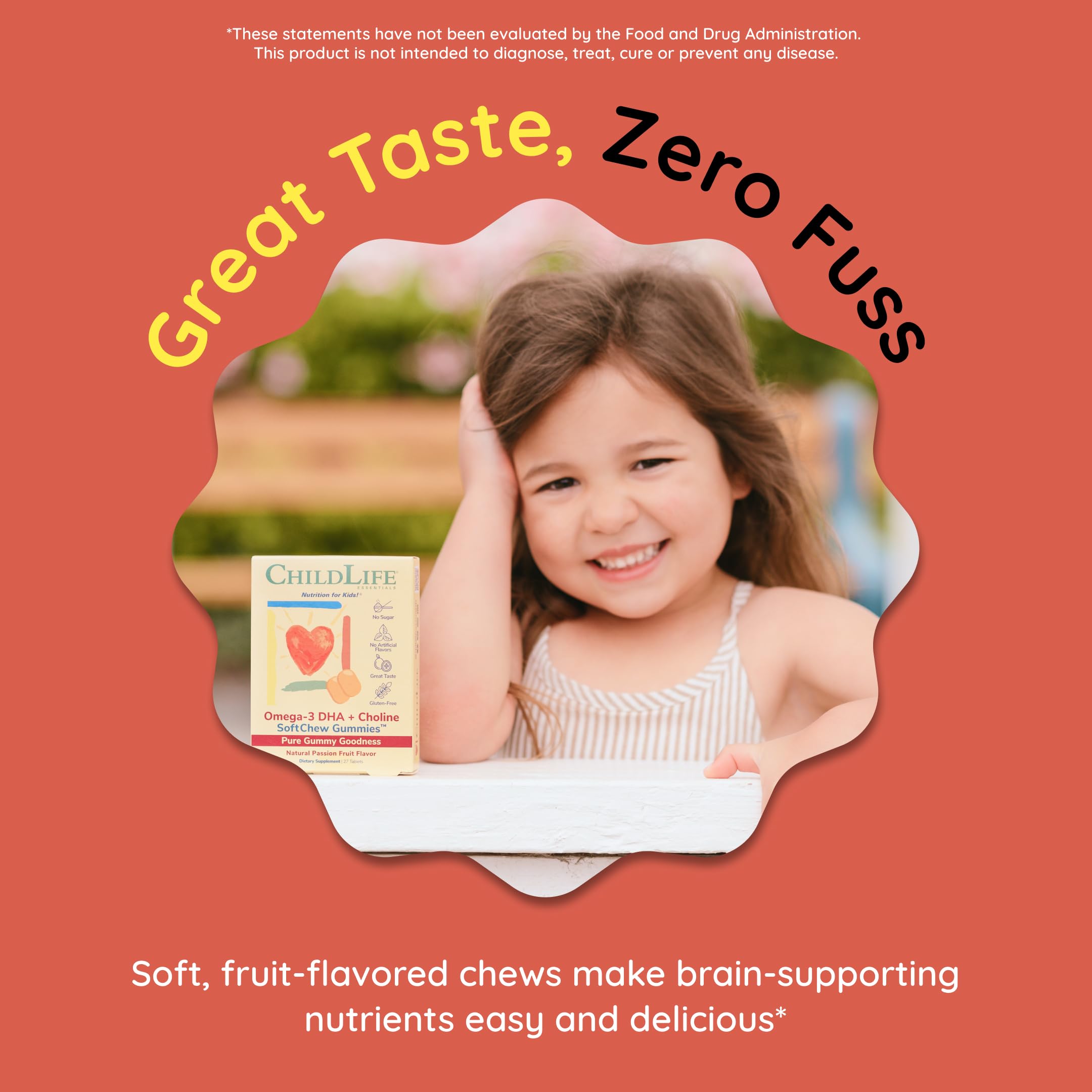 CHILDLIFE ESSENTIALS Omega-3 SoftChews visual highlights potential cognitive support.