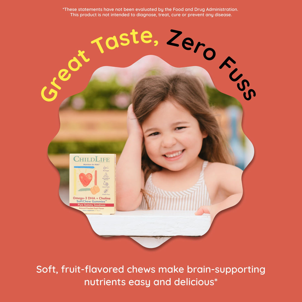 CHILDLIFE ESSENTIALS Omega-3 SoftChews visual highlights potential cognitive support.