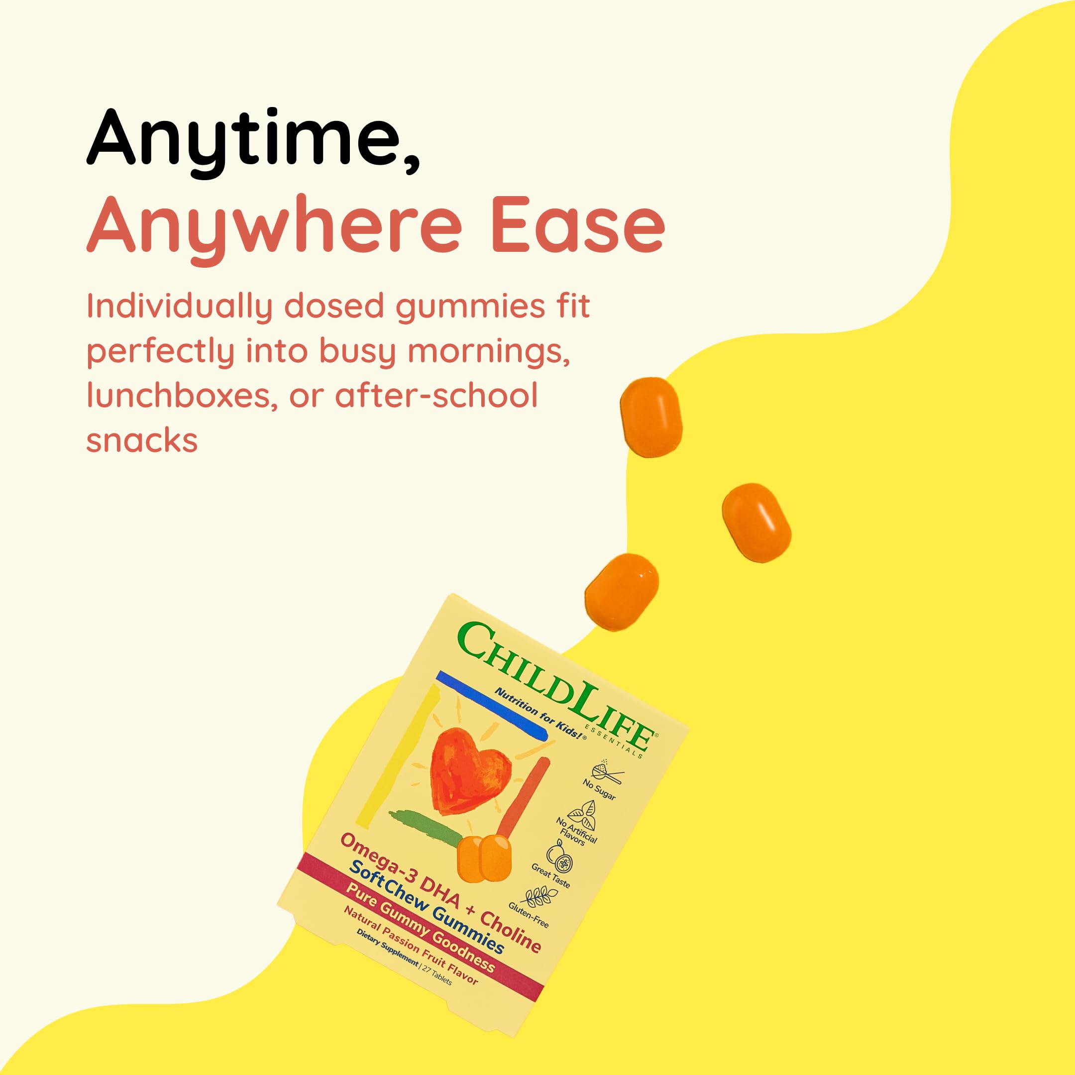 CHILDLIFE ESSENTIALS Omega-3 SoftChews soft texture eases chewing for youngsters.