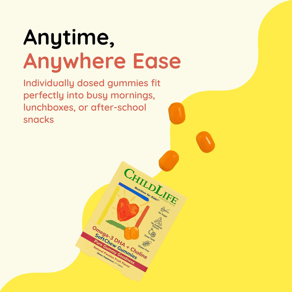 CHILDLIFE ESSENTIALS Omega-3 SoftChews soft texture eases chewing for youngsters.
