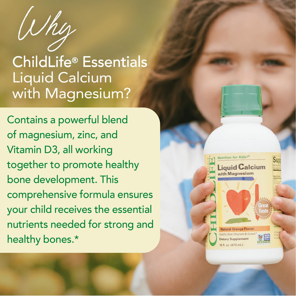 Close-up of ChildLife Essentials bottle highlighting orange flavor.