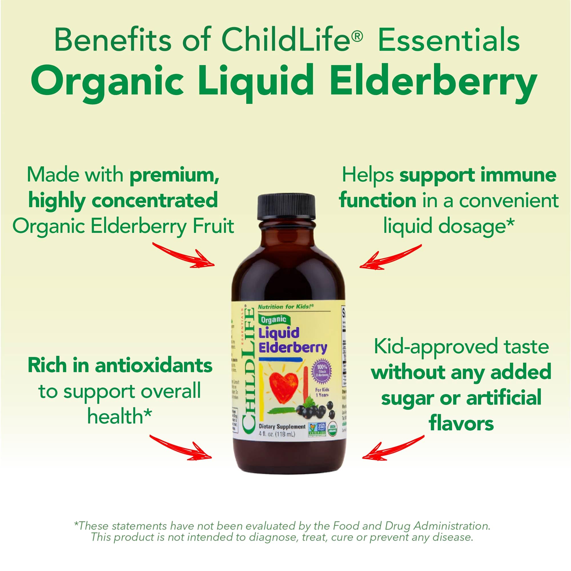 Organic certification label on CHILDLIFE Essentials elderberry syrup bottle.