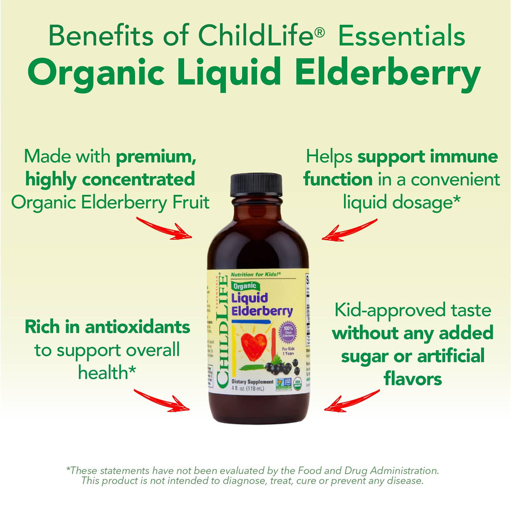 Organic certification label on CHILDLIFE Essentials elderberry syrup bottle.