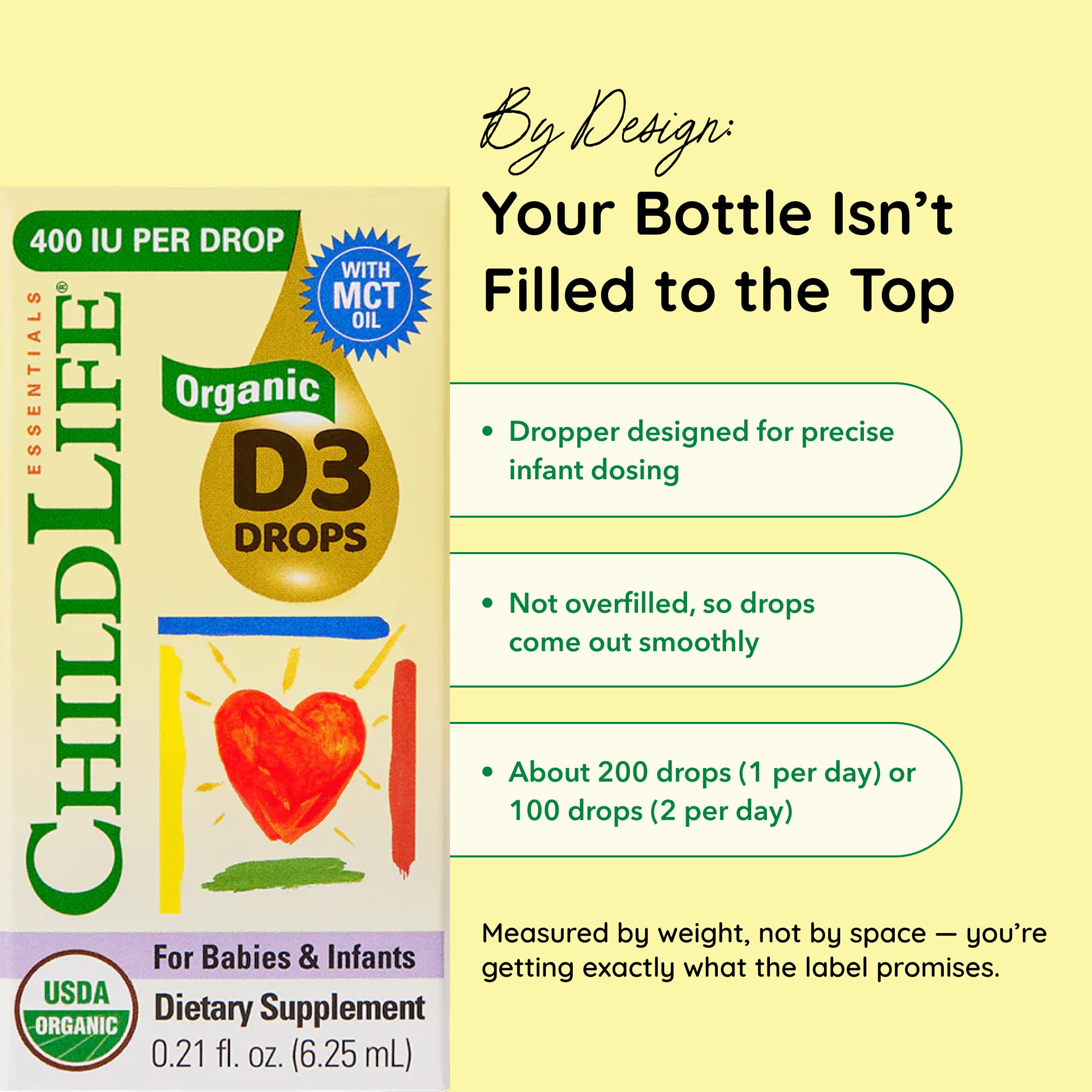 CHILDLIFE ESSENTIALS organic Vitamin D3 Drops label highlights USDA Organic certification.