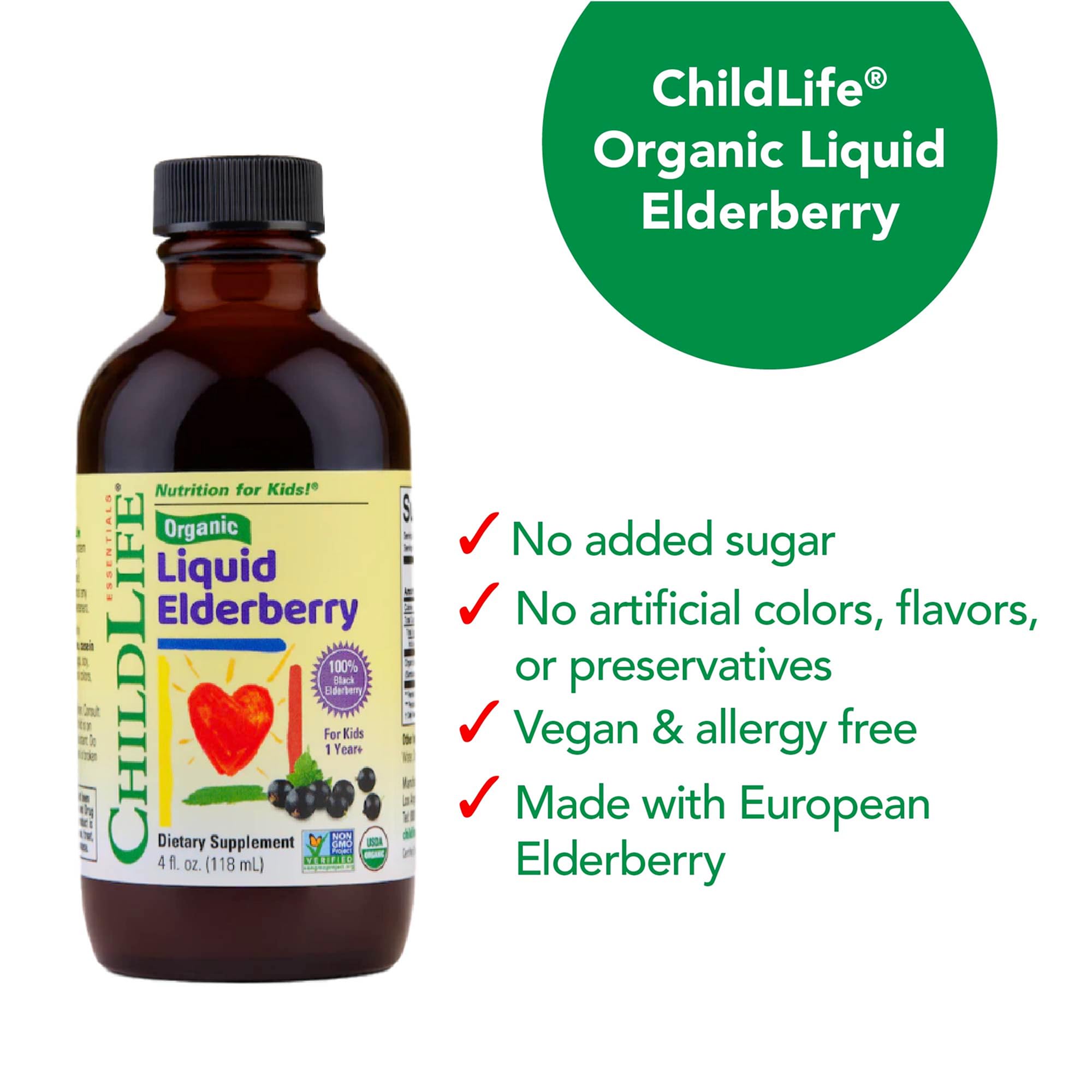 Vegan and non-GMO seals on CHILDLIFE Essentials packaging.