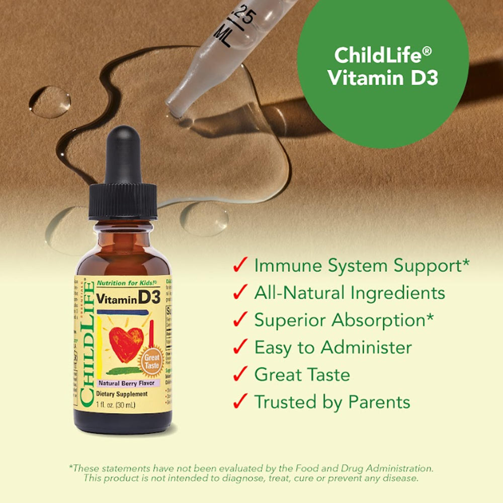 Three-pack of CHILDLIFE ESSENTIALS Vitamin D3 Drops for families.