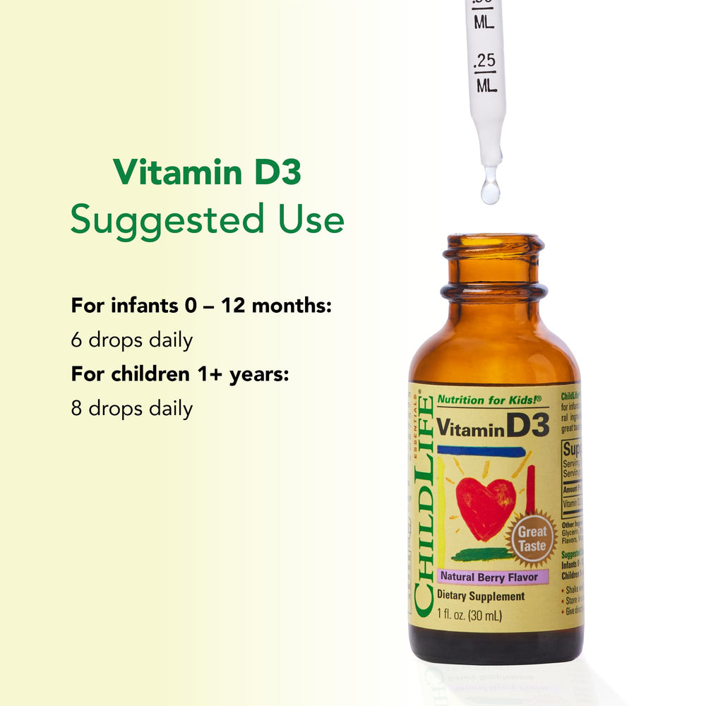 ChildLife Essentials Vitamin D3 Drops bottle on countertop ready for routine.