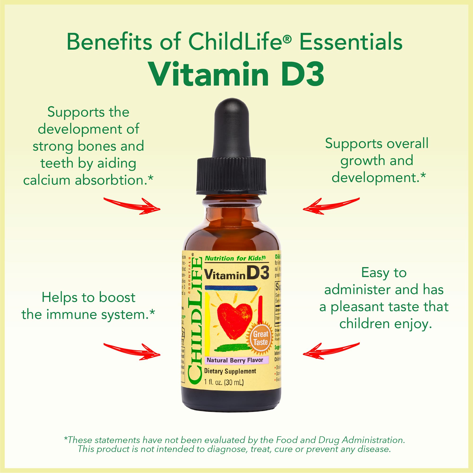 CHILDLIFE ESSENTIALS vitamin D3 drops bottle supporting development.