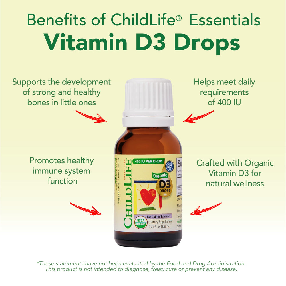 Infant dosing illustration for CHILDLIFE Essentials Vitamin D3 Drops with dropper.