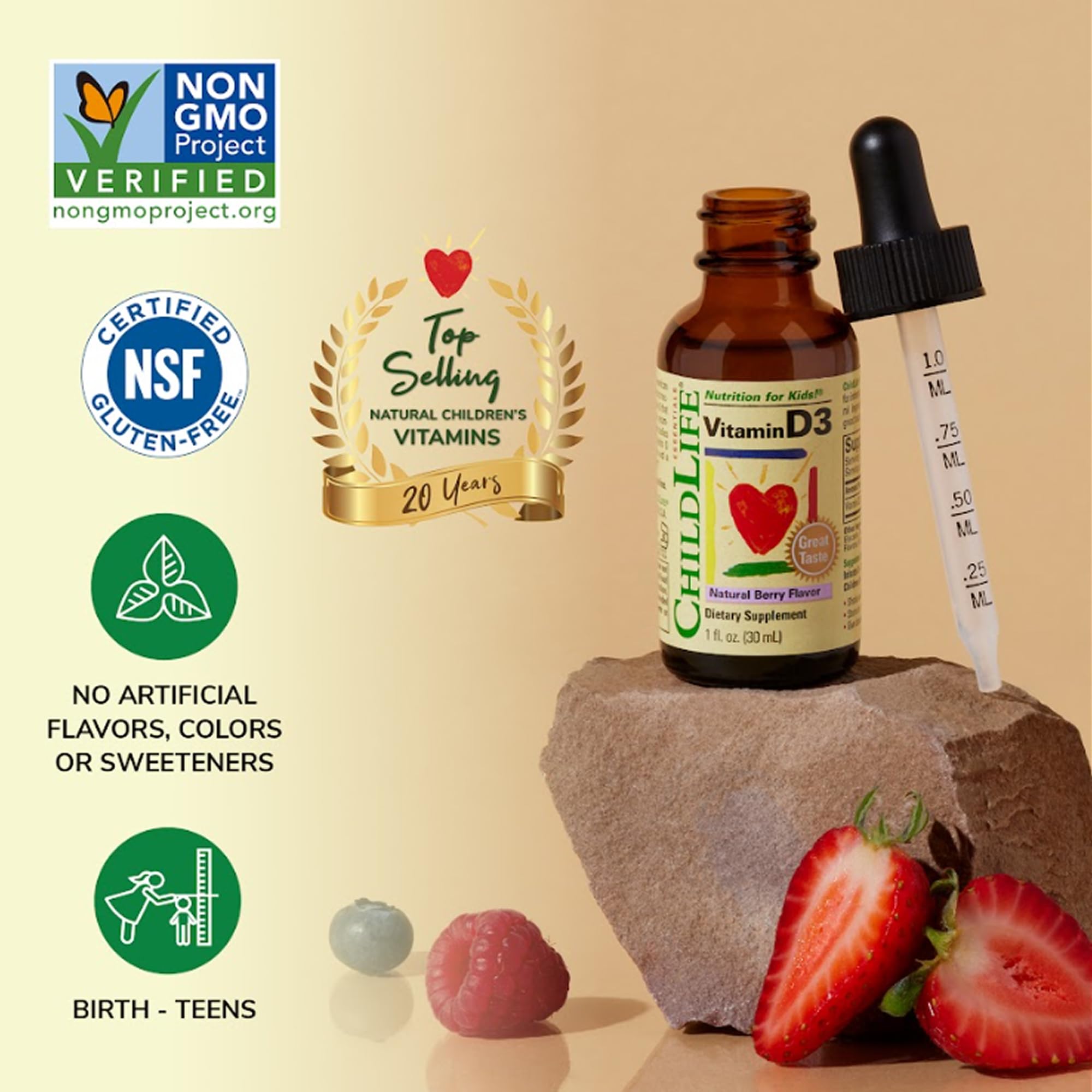 Infant dosing with CHILDLIFE ESSENTIALS Vitamin D3 Drops for 0-12 months.