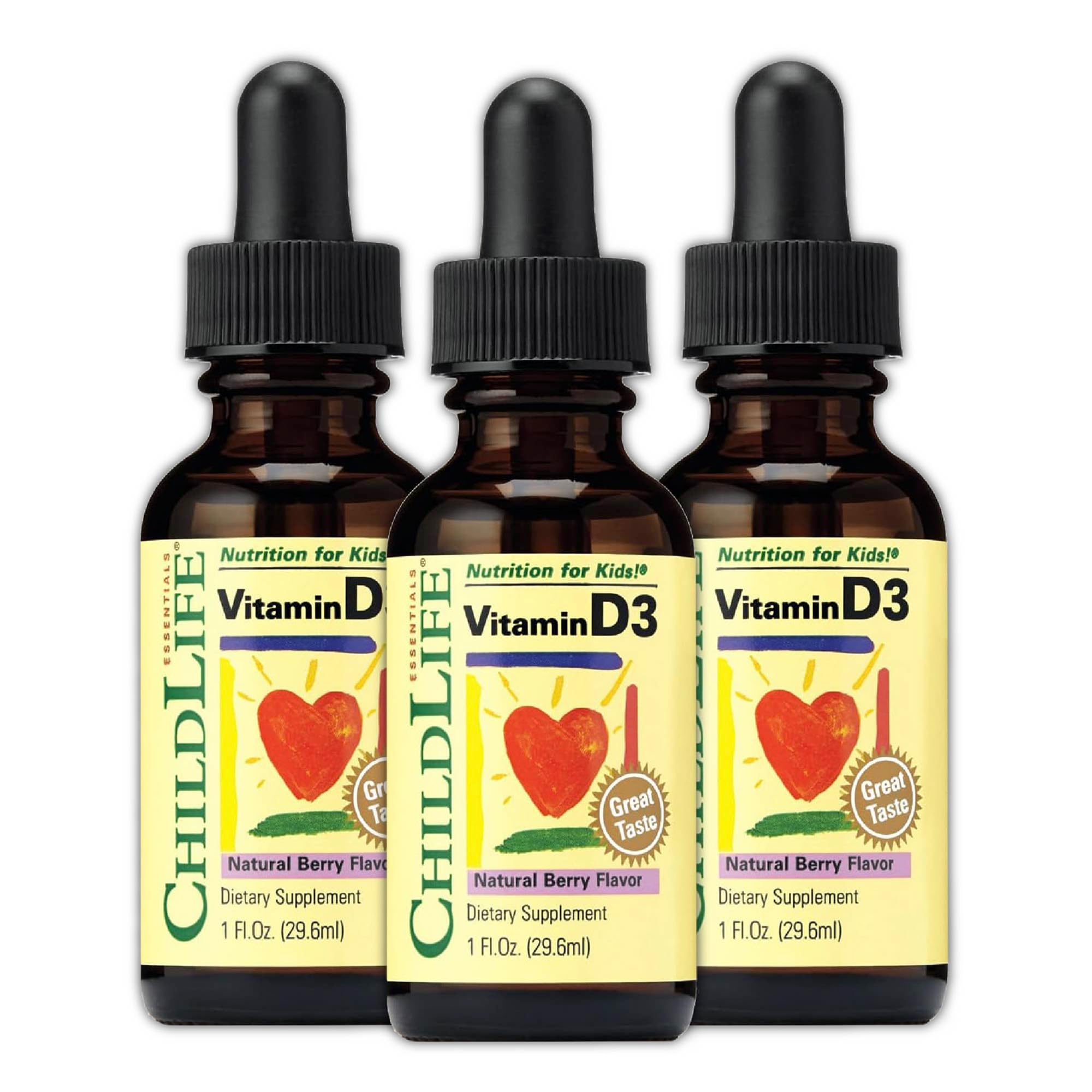 CHILDLIFE ESSENTIALS Vitamin D3 Drops for kids bottle showing the 500 IU serving.