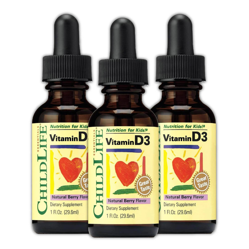 CHILDLIFE ESSENTIALS Vitamin D3 Drops for kids bottle showing the 500 IU serving.