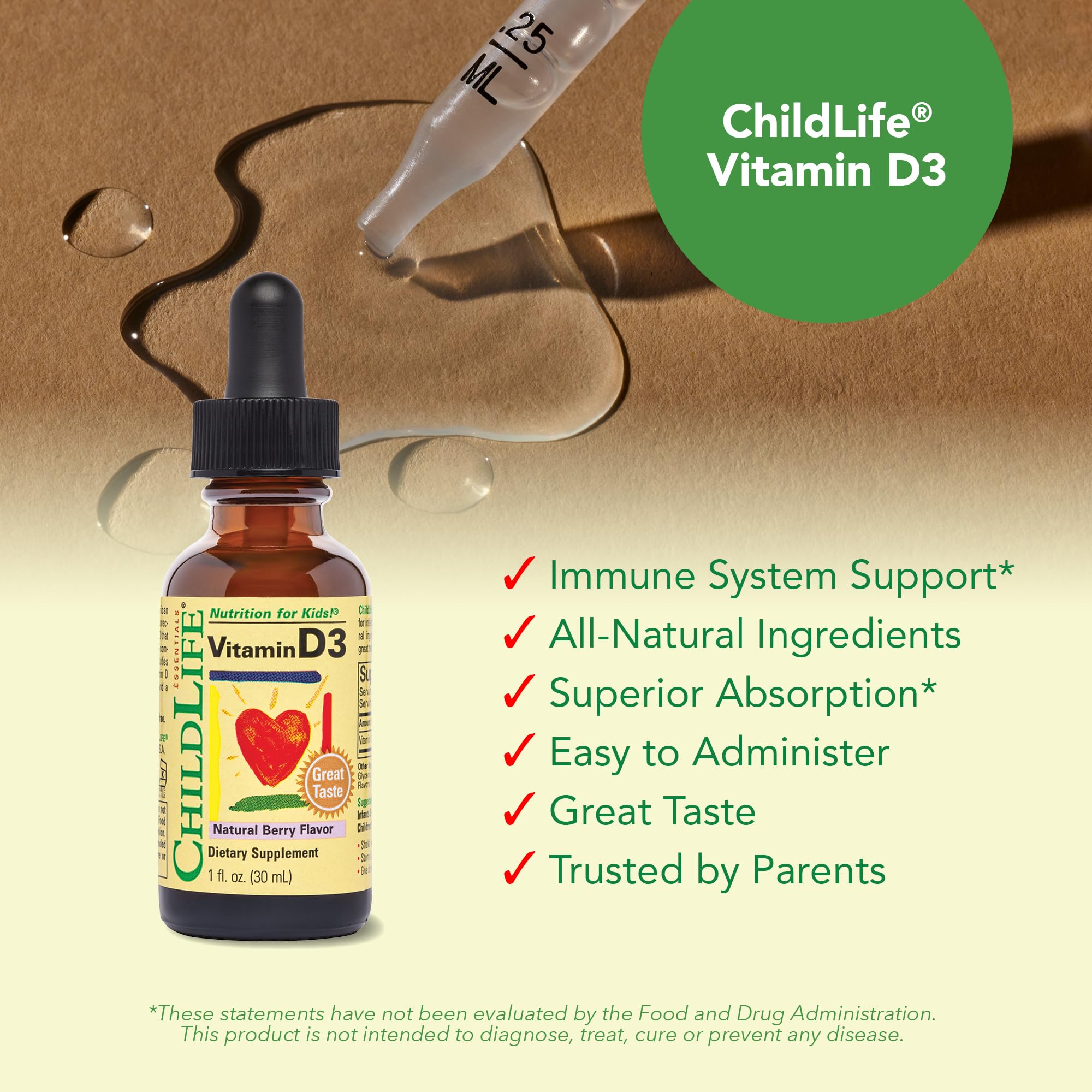 ChildLife Essentials Vitamin D3 Drops packaging label with directions.
