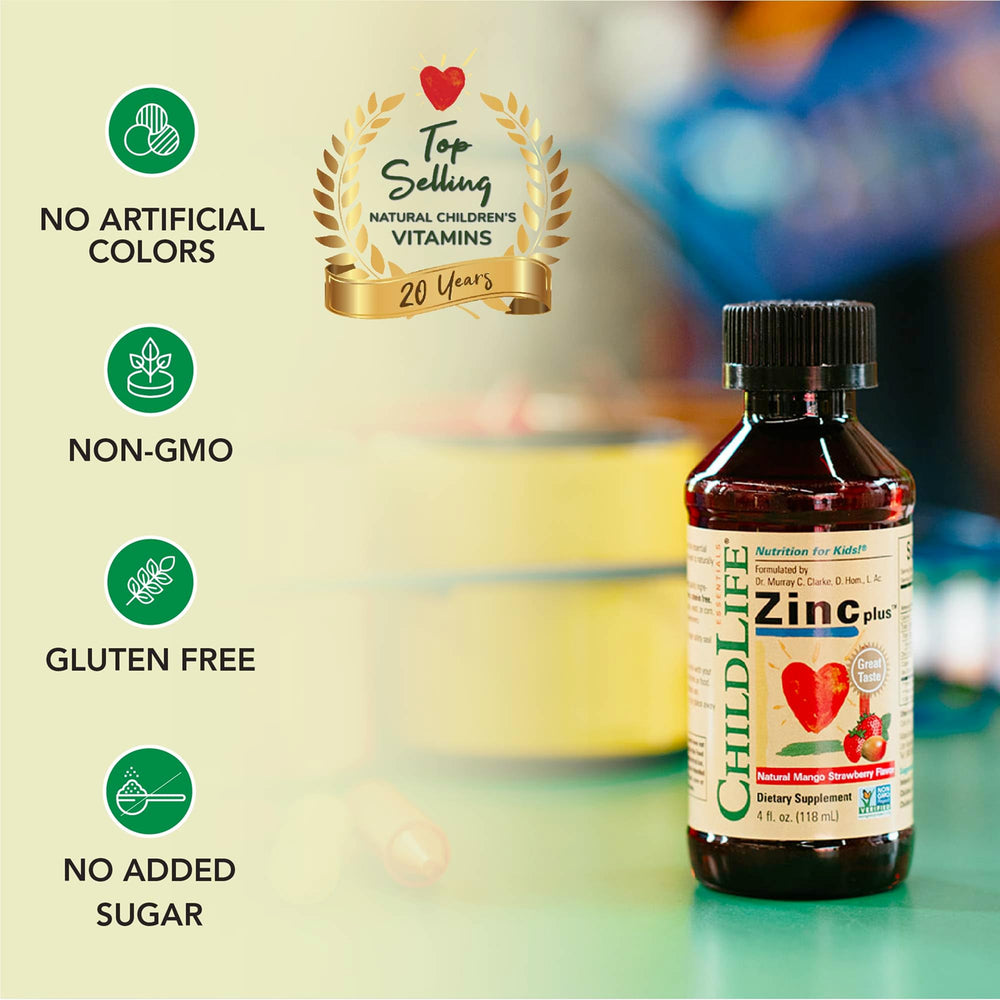 CHILDLIFE ESSENTIALS zinc plus mango strawberry flavor appeals to children.