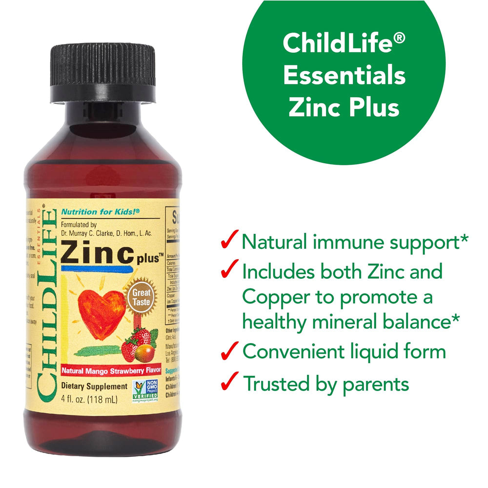 CHILDLIFE ESSENTIALS Zinc Plus dropper and bottle showing copper balance feature.