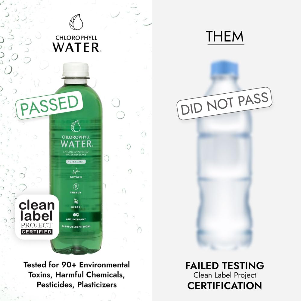 Chlorophyll Water detox qualities shown with clean ingredients list.
