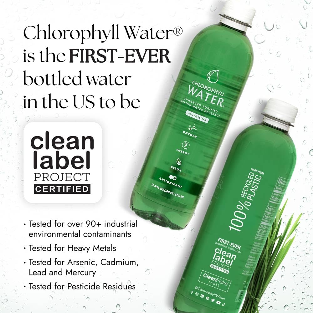 Chlorophyll Water bottle texture and label suggesting an energizing sip.