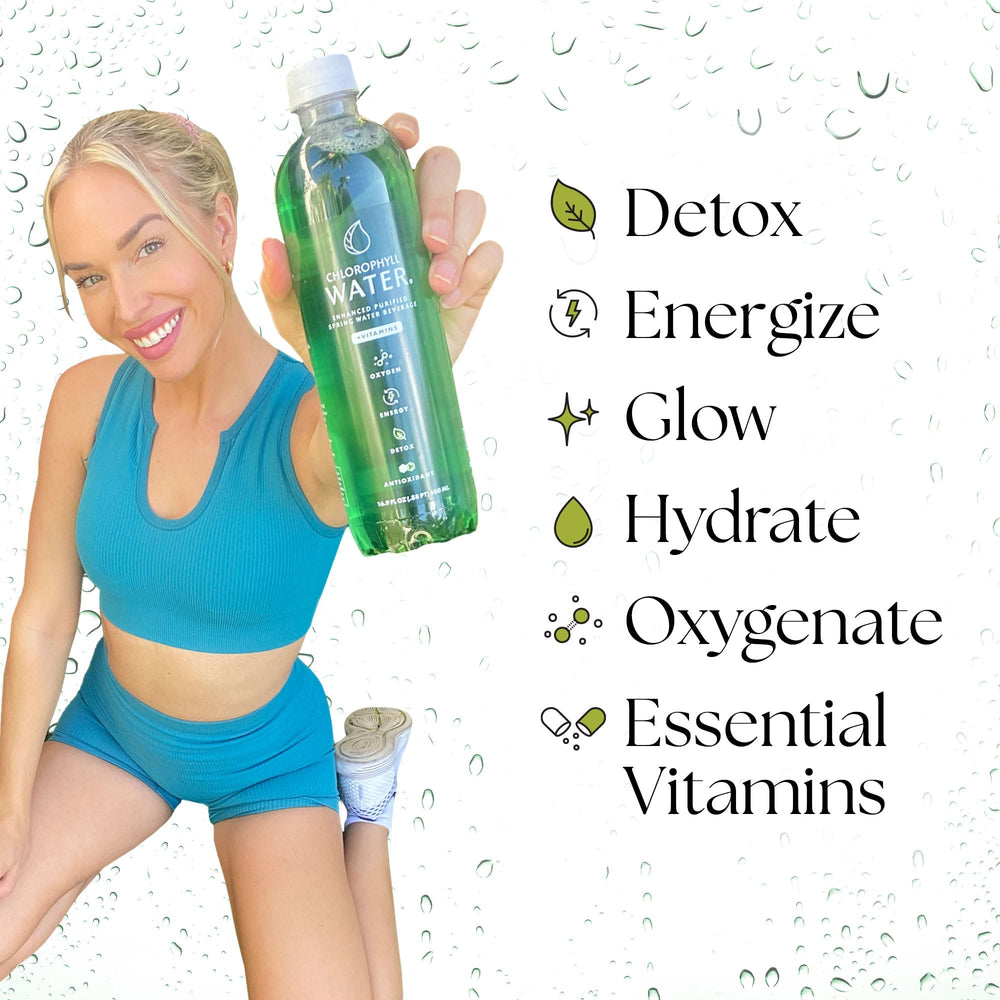 Chlorophyll Water glow skin concept with bright lighting and clear bottle.
