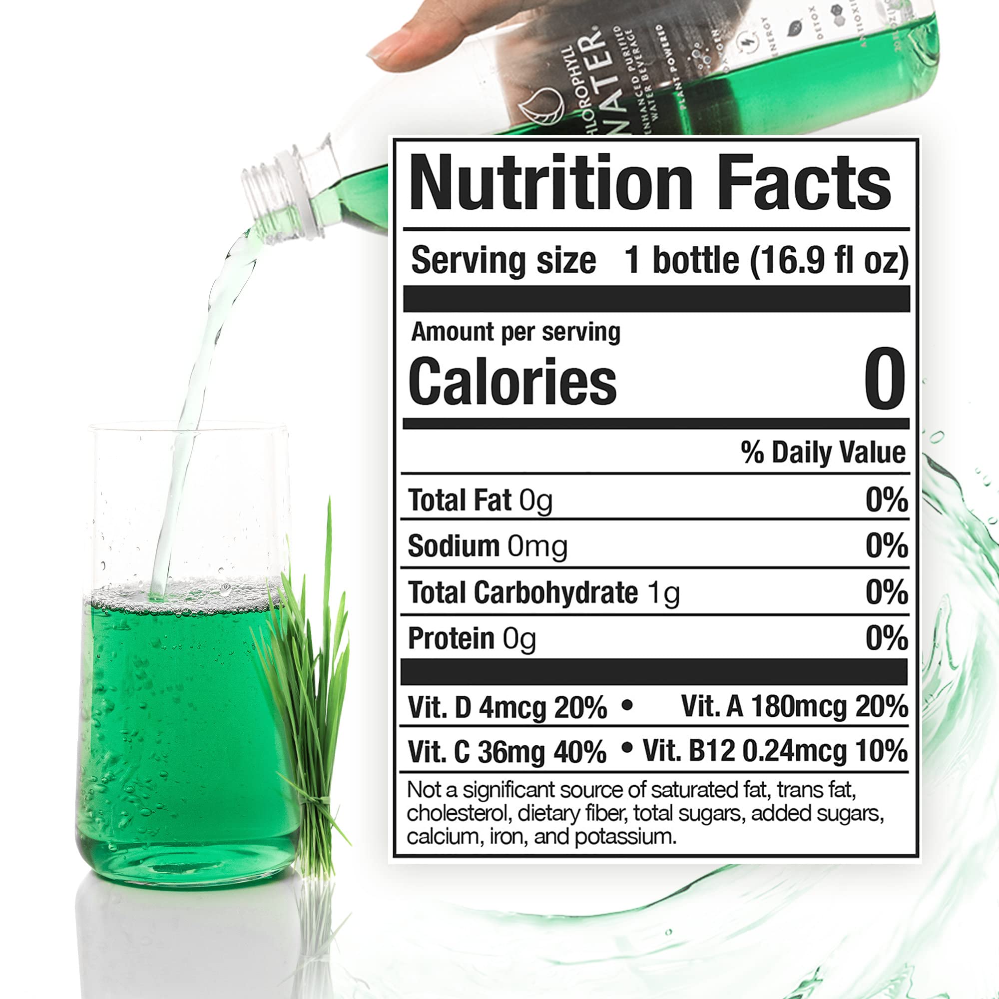 Chlorophyll Water label highlights vitamins A, B12, C and D3 for daily wellness.