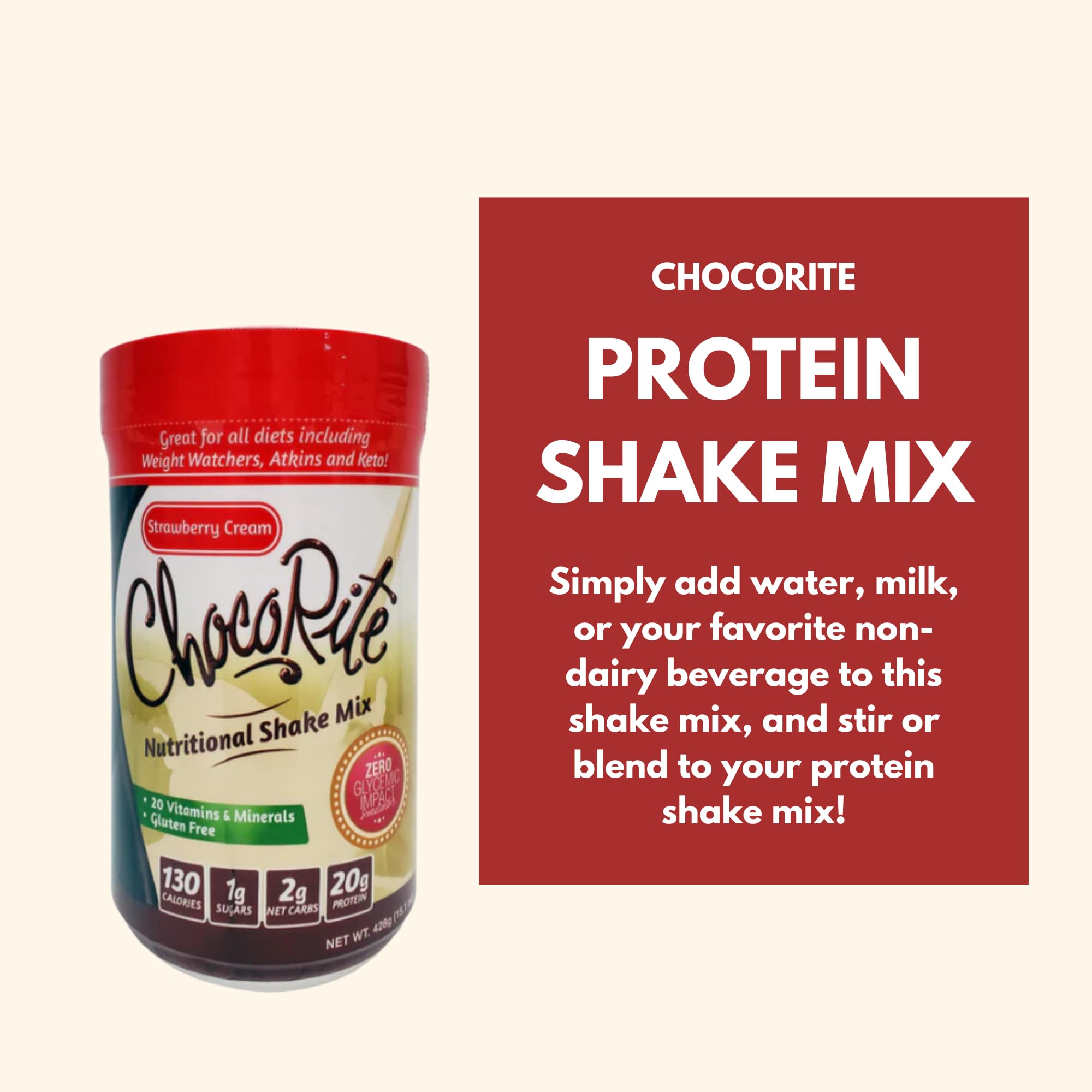 ChocoRite Strawberry Cream Nutrition Facts label emphasizing 130 calories per serving.