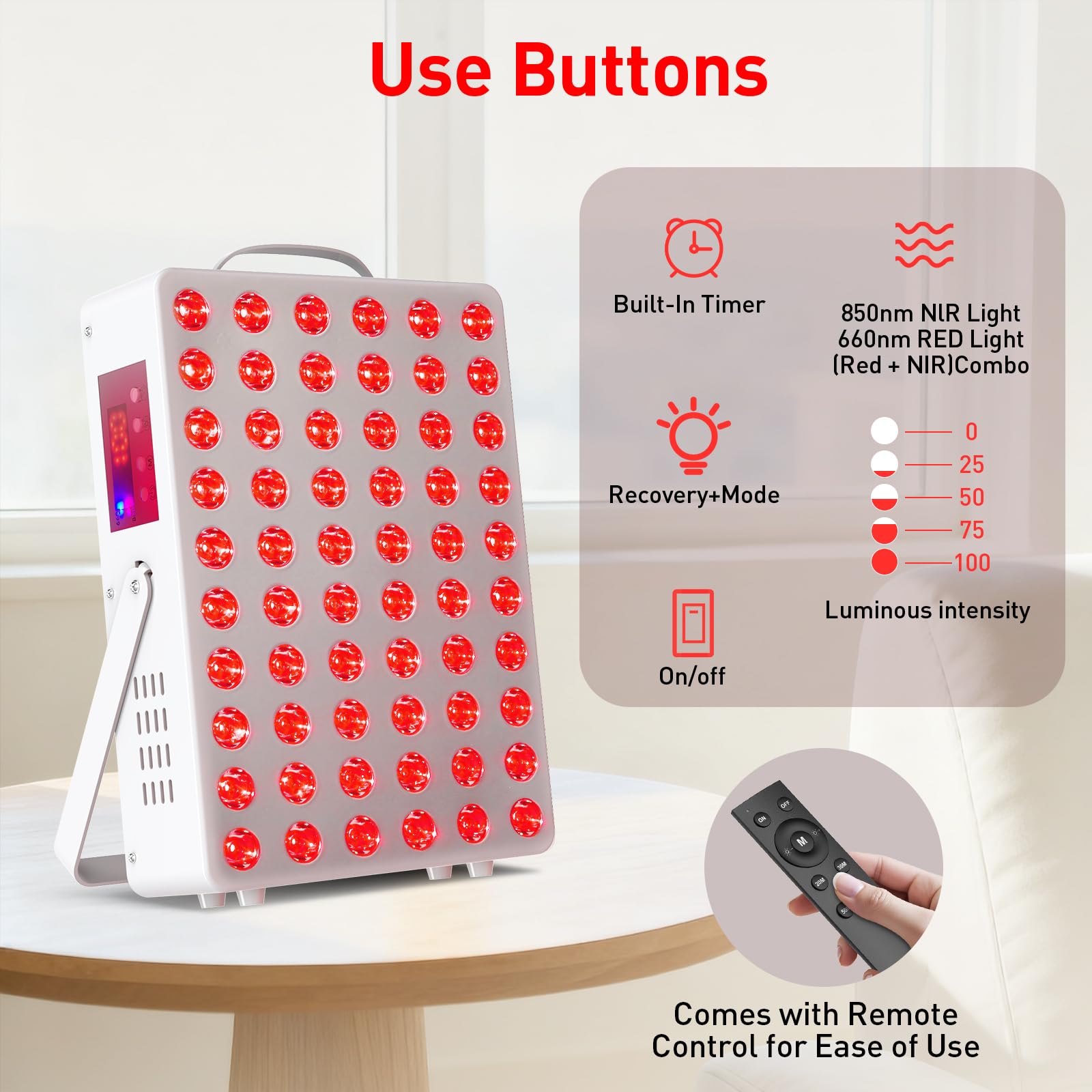 Device with adjustable brightness and timer for personalized sessions.