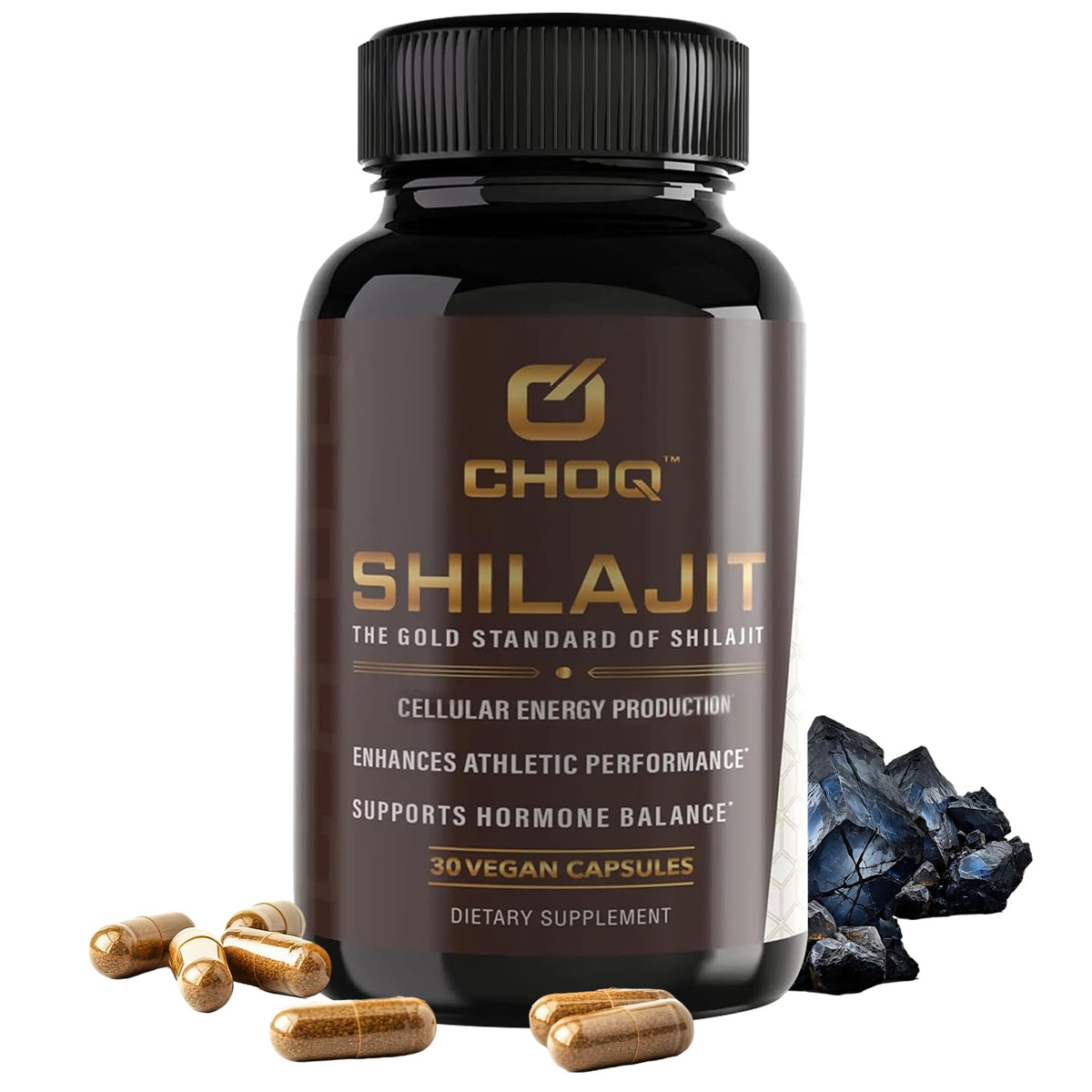 CHOQ Shilajit bottle showcases daily wellness support and premium Himalayan sourcing.