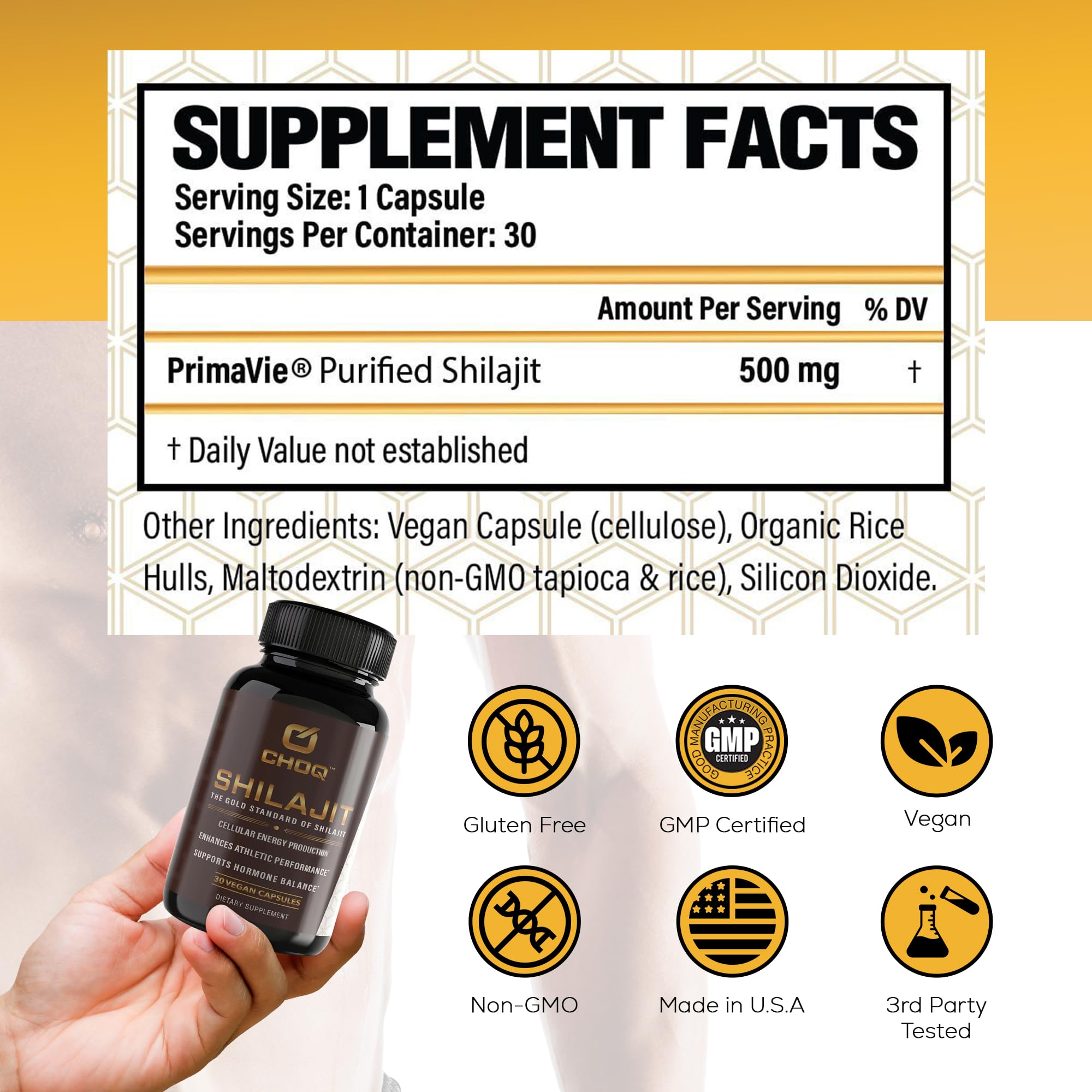 CHOQ Shilajit energy and focus image hints at cognitive and stamina benefits.