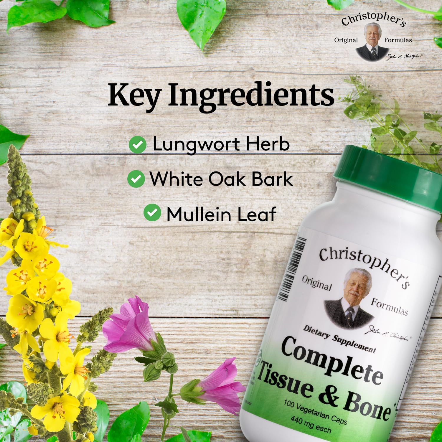Christopher's Complete Tissue & Bone Formula capsules close-up, vegan design supports bone and connective tissue.