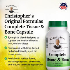 Christopher's Complete Tissue & Bone Formula label detail, highlights White Oak Bark and Slippery Elm.