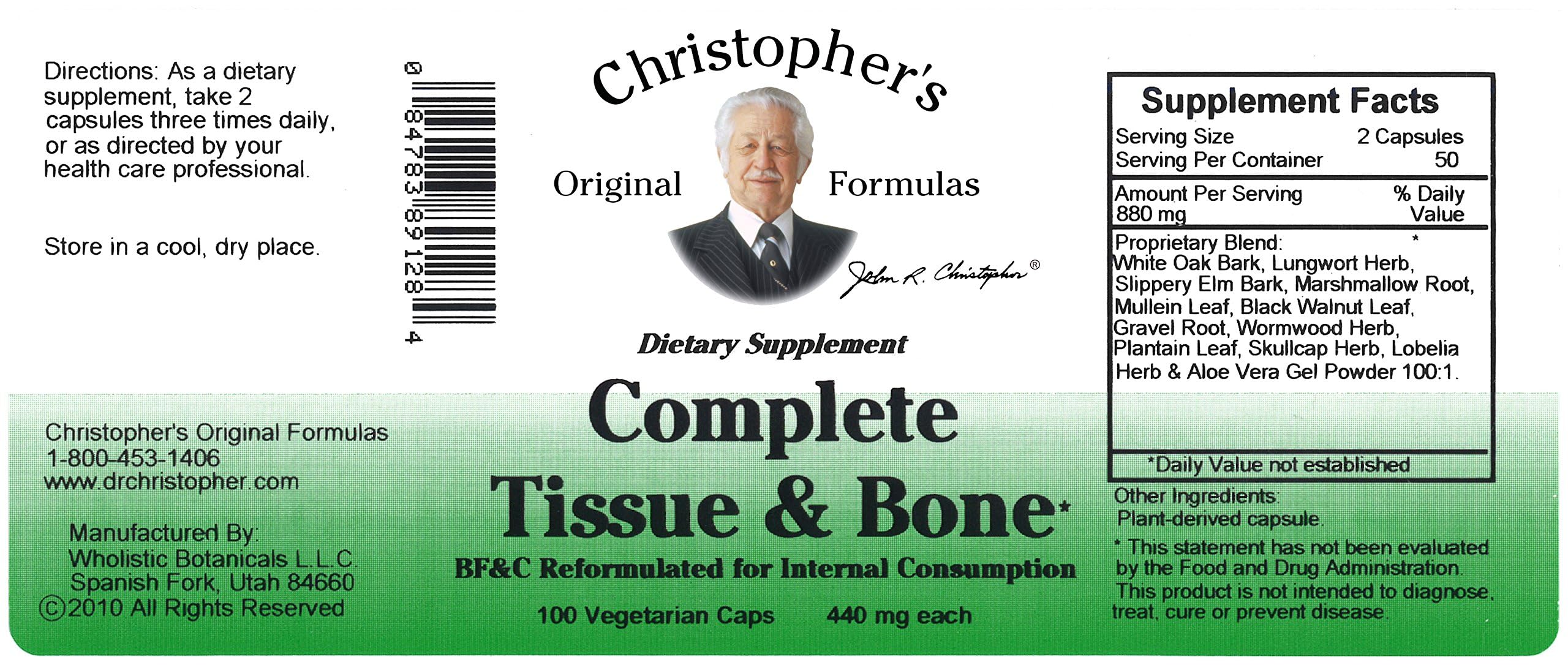 Christopher's Complete Tissue & Bone Formula packaging scene demonstrates herbal heritage and vegan capsule format.