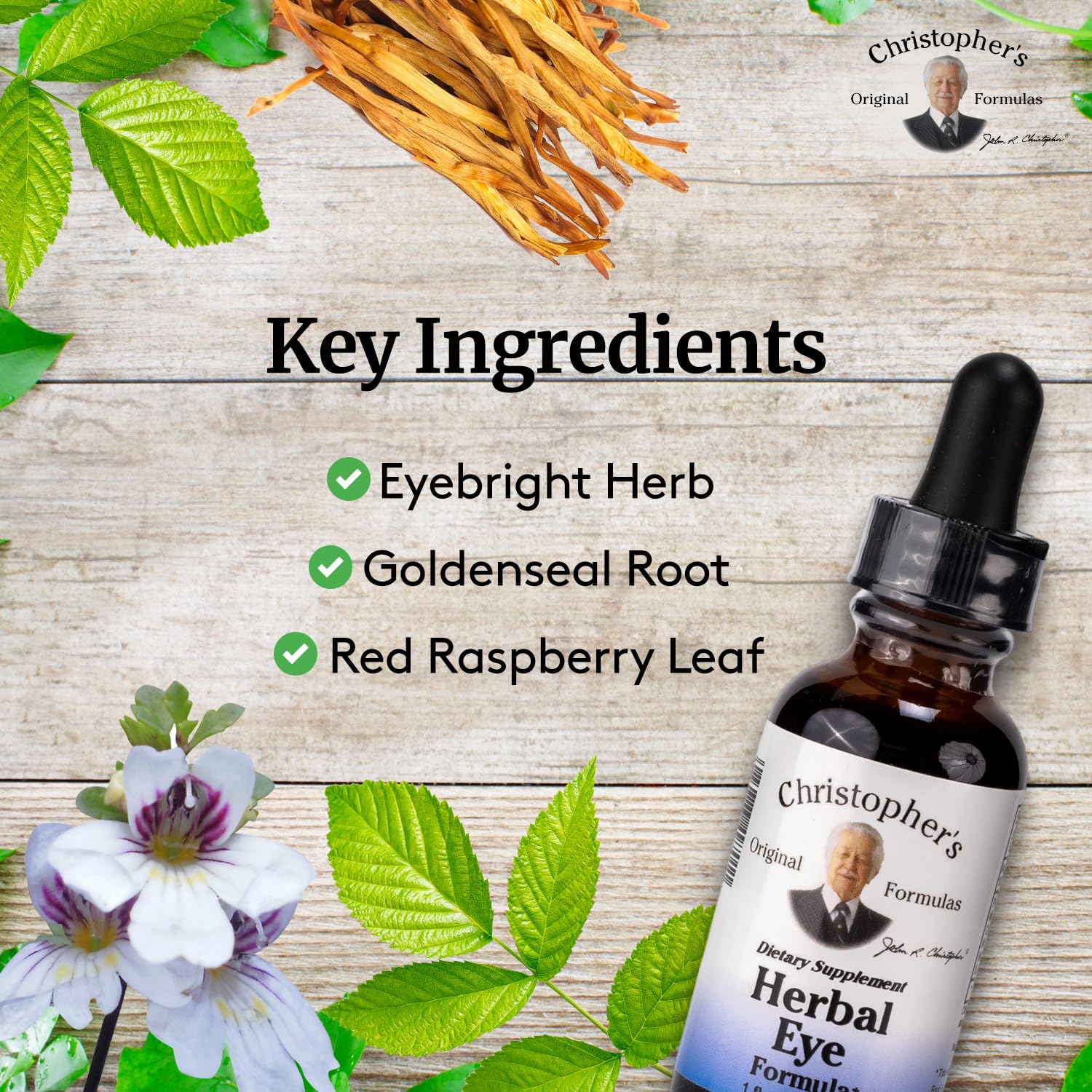 Christopher's Eyebright ingredients highlighting premium herbal extracts for eye care
