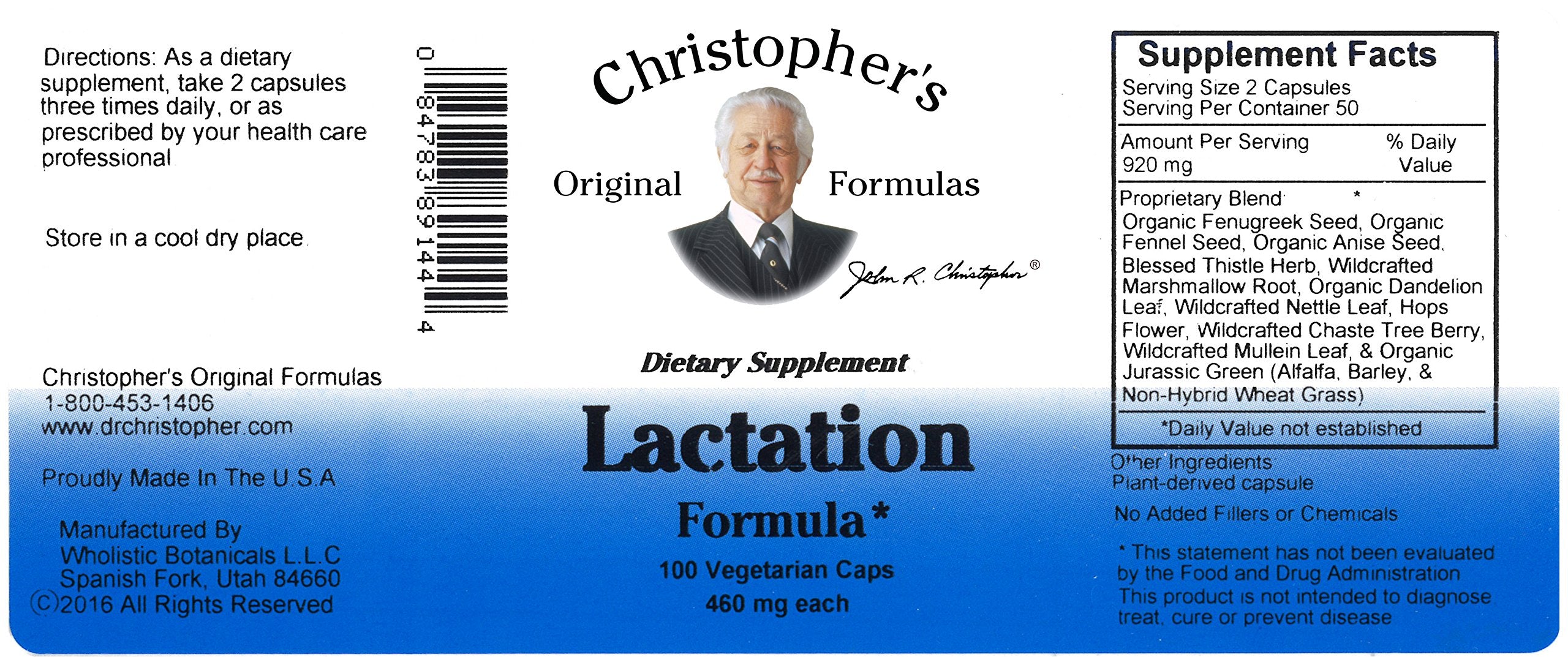 Christopher's Lactation Formula packaging box displaying 100-count bottle for daily use