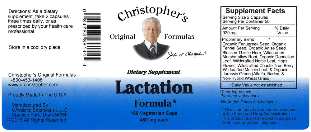 Christopher's Lactation Formula packaging box displaying 100-count bottle for daily use