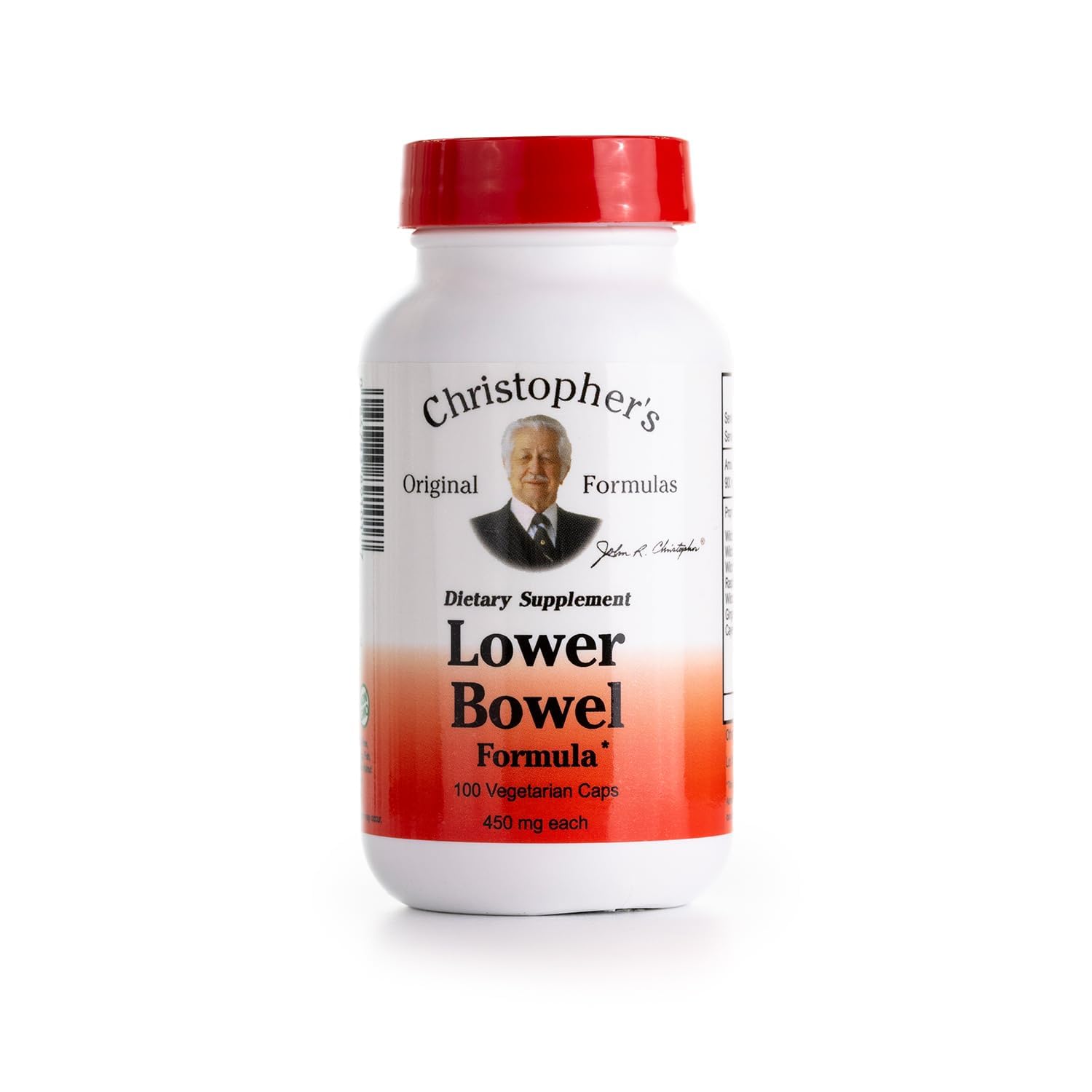 Christopher's Lower Bowel Formula bottle label shows natural herbal blend for digestive support.