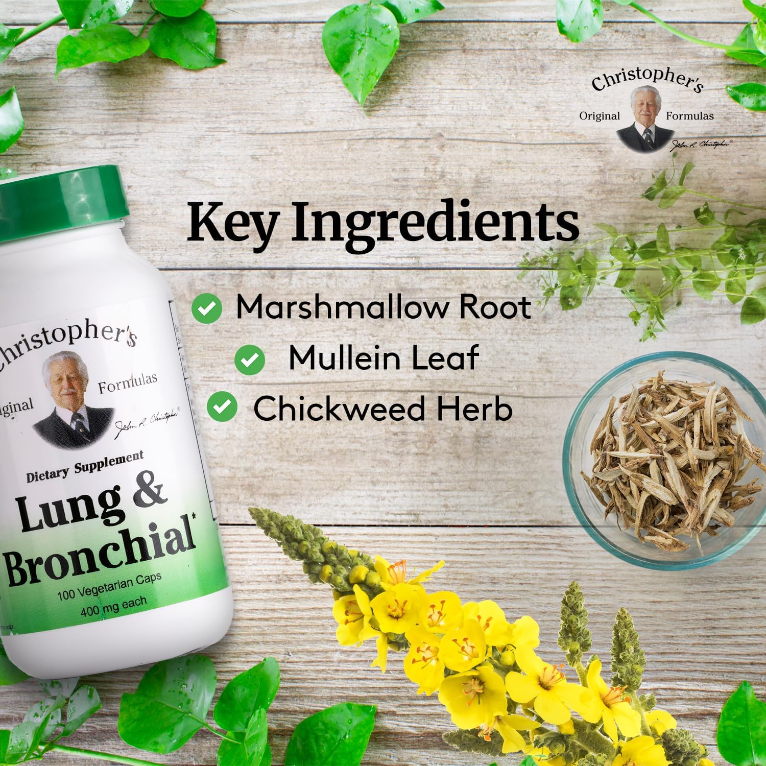 Christopher's Lung Bronchial formula ingredients with mullein and chickweed for natural support