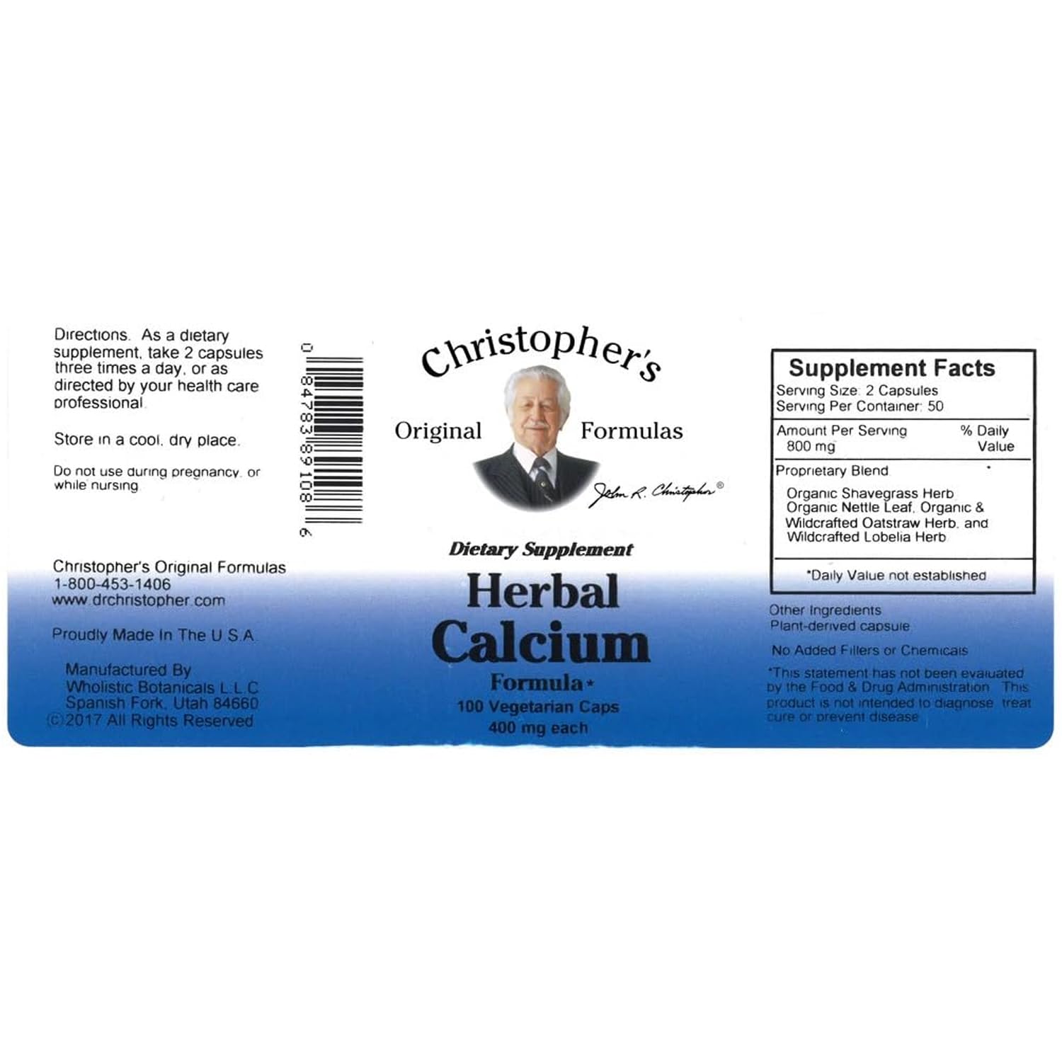 Christopher's Original Formulas Herbal Calcium bottle label highlights herbal ingredients for bone health