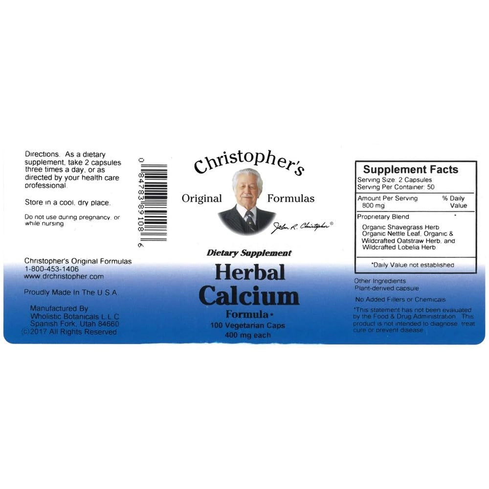 Christopher's Original Formulas Herbal Calcium bottle label highlights herbal ingredients for bone health