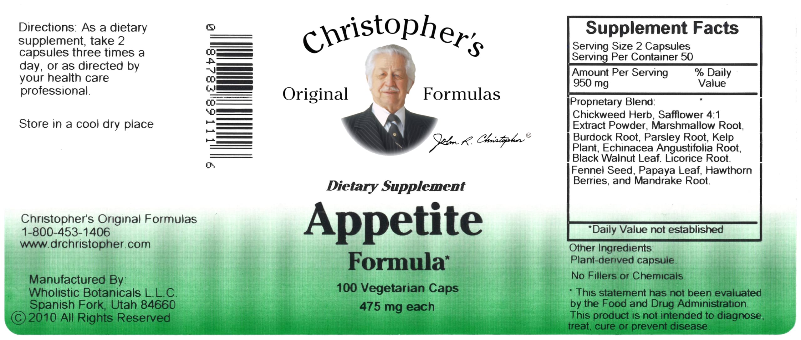 Christopher's Original Formulas Appetite ingredients display with fennel and gentian for balance.