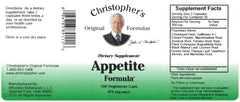 Christopher's Original Formulas Appetite ingredients display with fennel and gentian for balance.