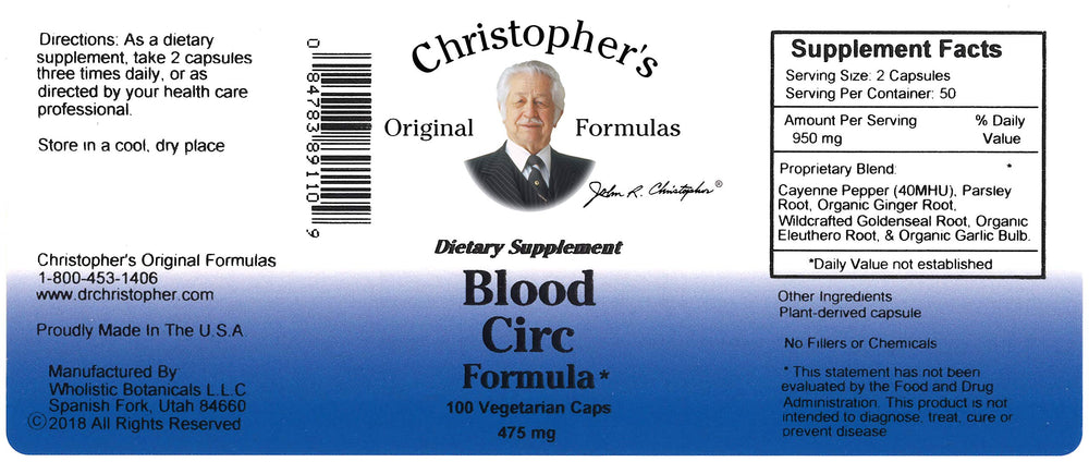 Blood Circ Formula capsules by Christopher's Original Formulas ready for daily use