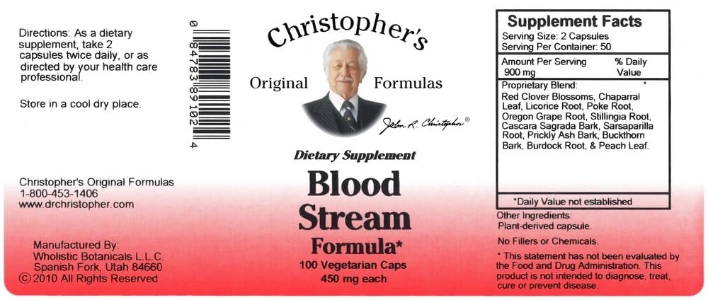 Label of Christopher's Blood Stream Formula highlighting organic herbs