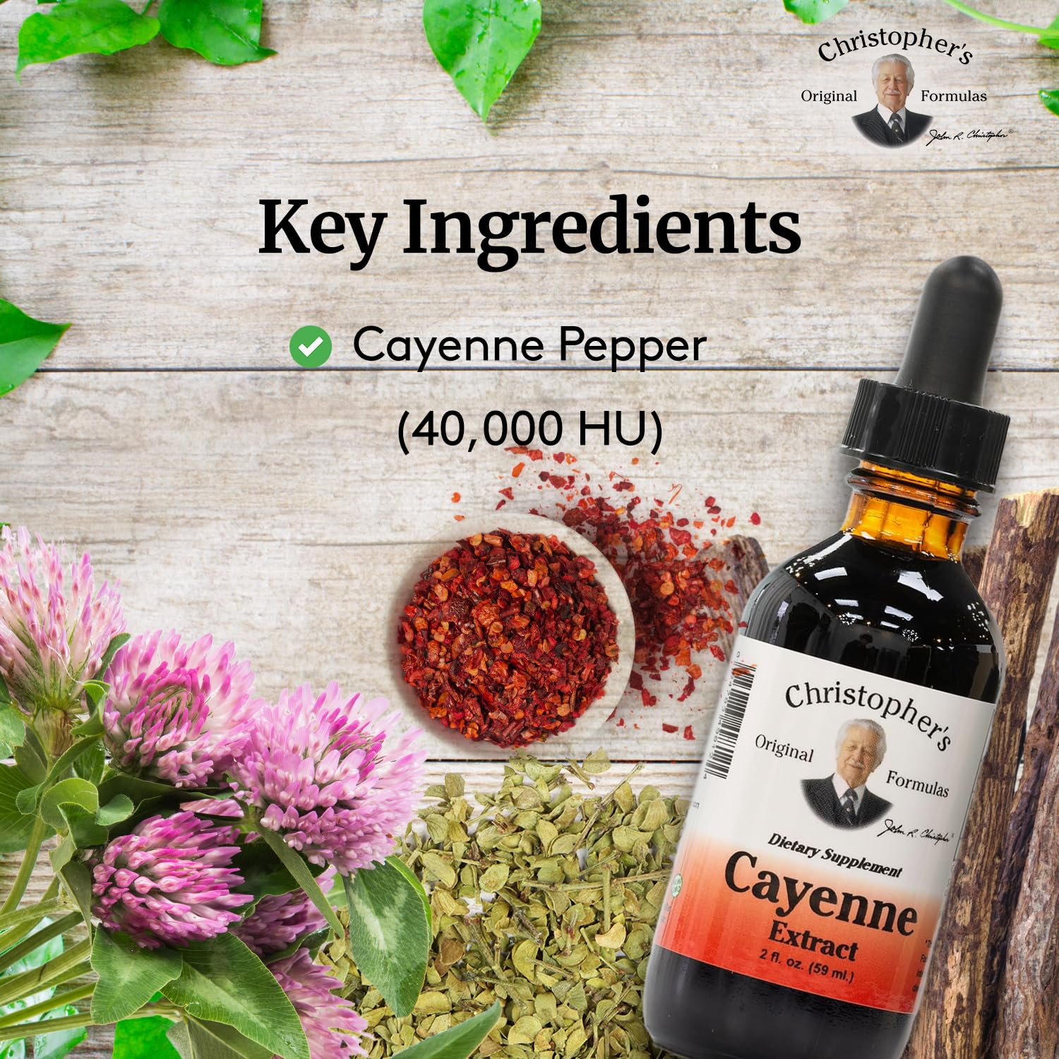 Christopher's Original Formulas Cayenne Extract label highlights natural ingredients.