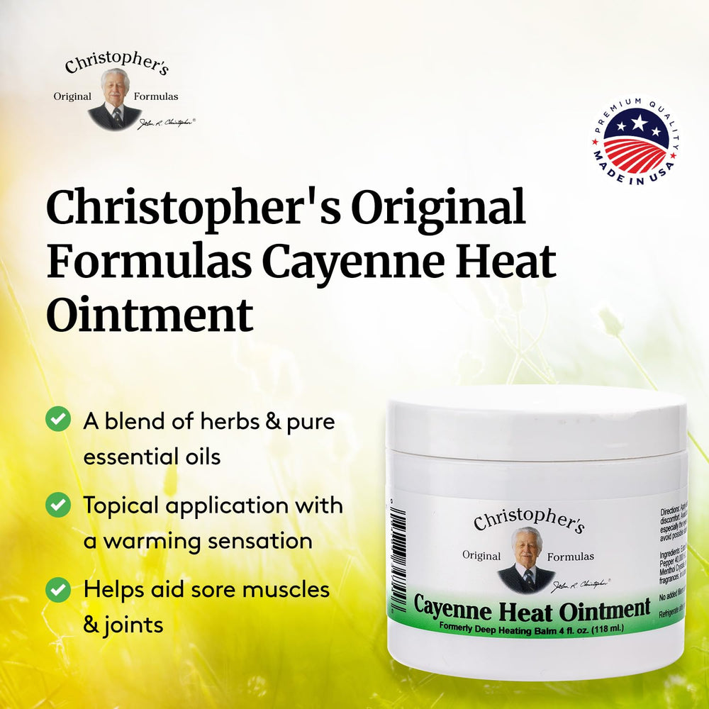 Christopher's Original Formulas Cayenne Heat Ointment herbal blend with wintergreen and peppermint for soothing sensation.