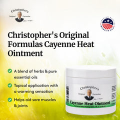 Christopher's Original Formulas Cayenne Heat Ointment herbal blend with wintergreen and peppermint for soothing sensation.