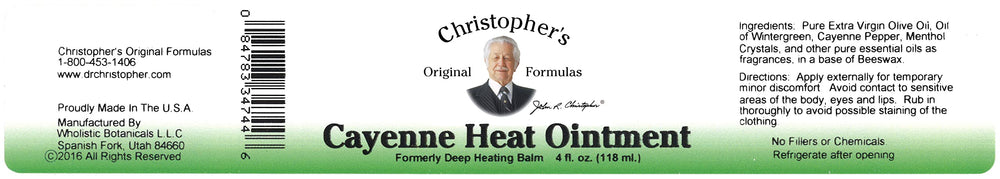 Christopher's Original Formulas Cayenne Heat Ointment packaging and labeling detail.