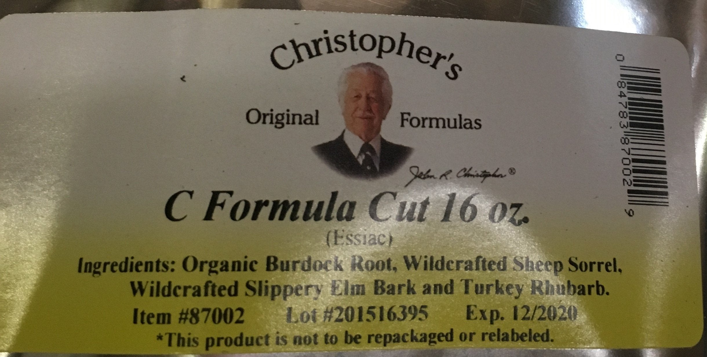 Essiac-C Formula Cut label shows herbal blend for immune support.