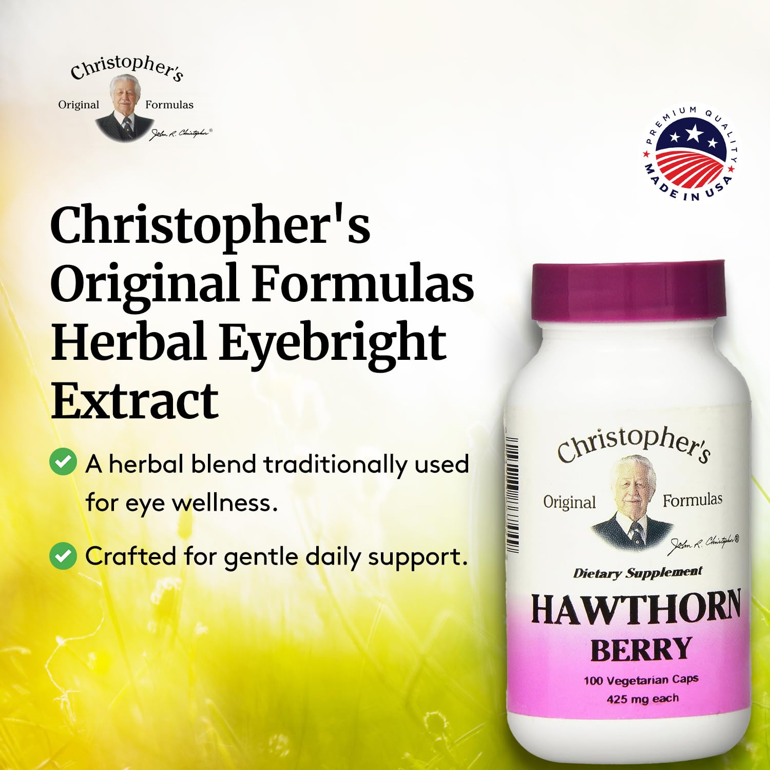 Christopher's Original Formulas Hawthorn Berry Capsules closeup of capsules and natural ingredients.