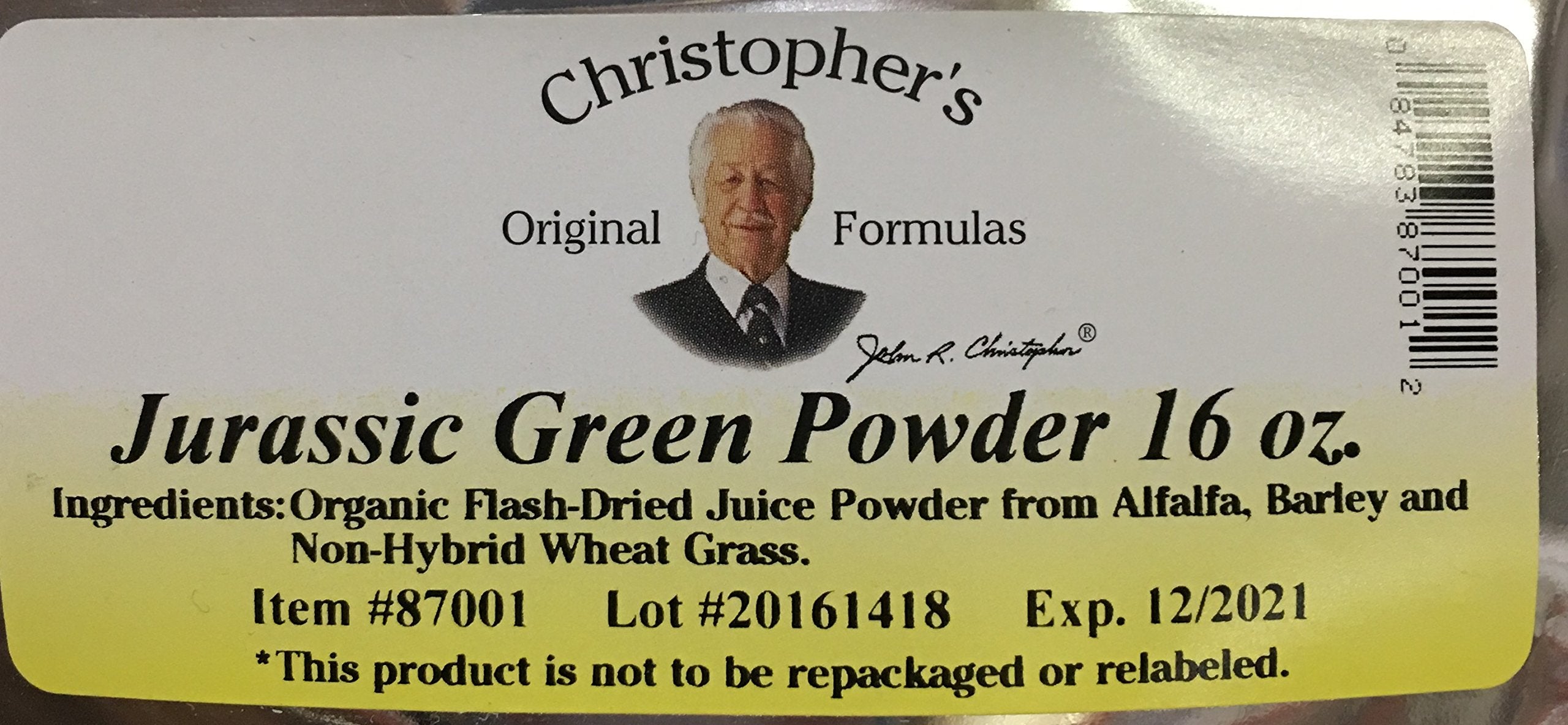 Christopher's Original Formulas Jurassic Green Powder being poured for a quick greens boost.