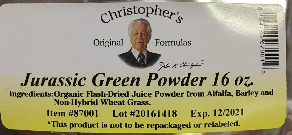 Christopher's Original Formulas Jurassic Green Powder being poured for a quick greens boost.