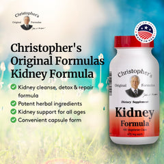 Christopher's Original Formulas Kidney Formula label showing USA-made quality and dosage information.